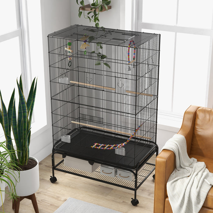 Pawhut Cage A Oiseaux Ouverte De 63\" Pour Perruches Canaris Inseparables Pinsons Avec Support Roulant, Jouets, Plateau Amovible, Etagere De Rangement