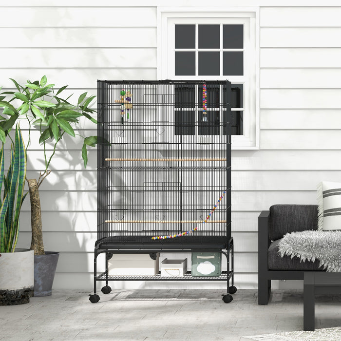 Pawhut Cage A Oiseaux Ouverte De 63\" Pour Perruches Canaris Inseparables Pinsons Avec Support Roulant, Jouets, Plateau Amovible, Etagere De Rangement