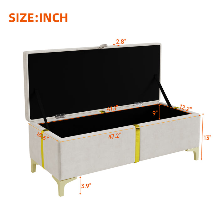 Banc Coffre De Rangement Tony En Velours Doux Avec Pieds Metalliques, Beige