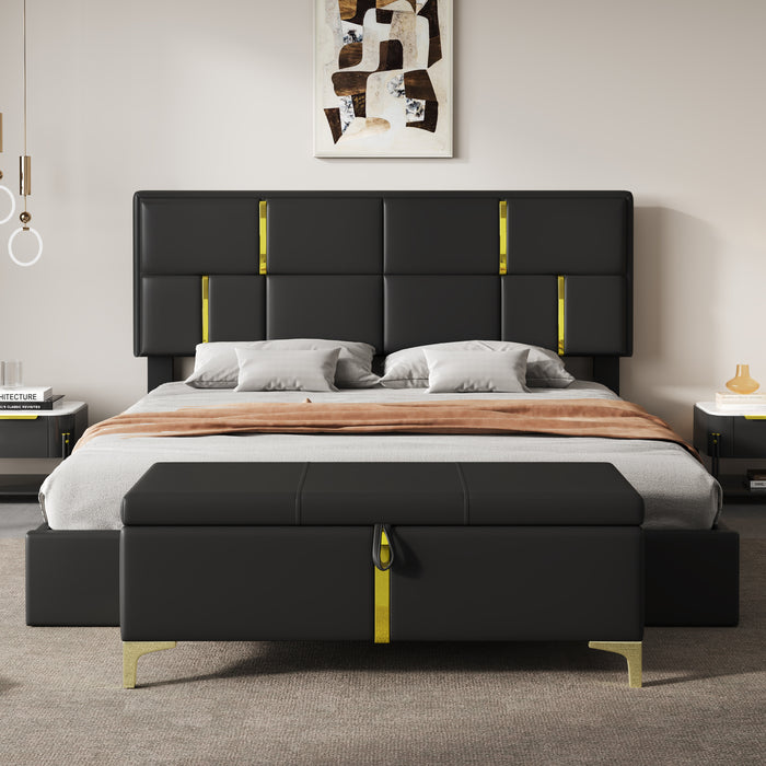 Ensemble De Chambre Nicole 2 Pieces Avec Lit Plateforme Tapisse Et Banc Coffre, Taille Queen, Noir
