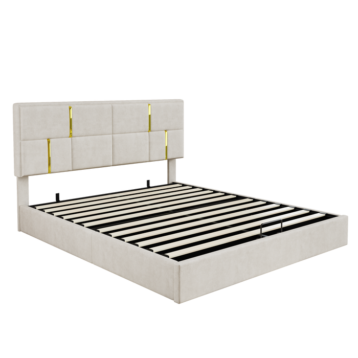 Lit Plateforme Joyce Tapisse Avec Rangement Hydraulique Et Cadre En Velours, Taille Queen, Beige