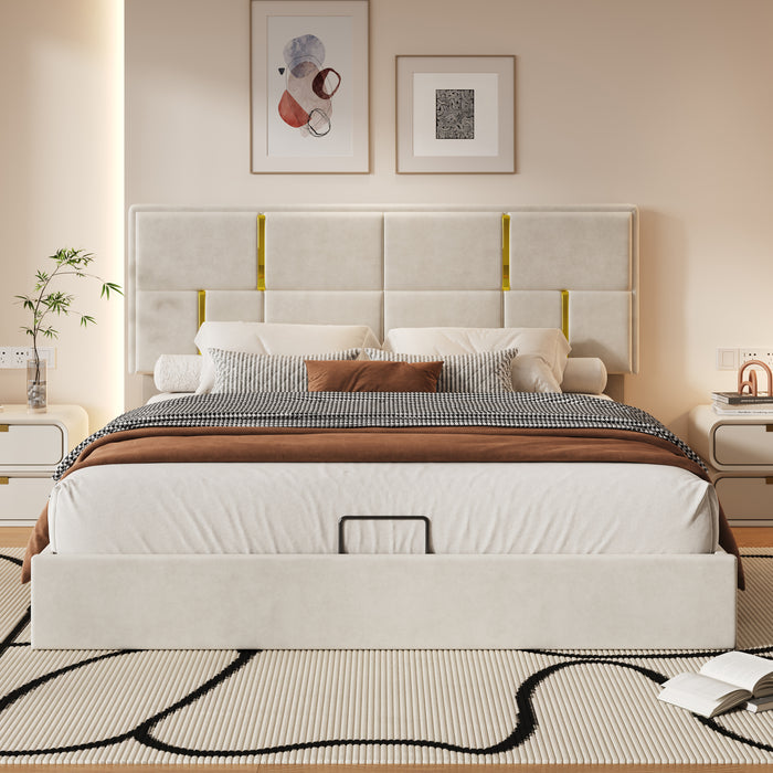 Lit Plateforme Joyce Tapisse Avec Rangement Hydraulique Et Cadre En Velours, Taille Queen, Beige