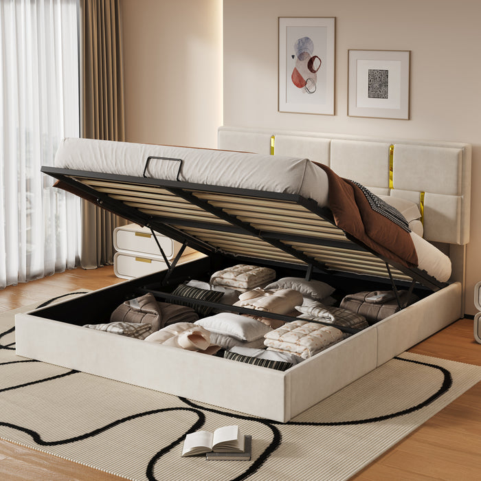 Lit Plateforme Joyce Tapisse Avec Rangement Hydraulique Et Cadre En Velours, Taille Queen, Beige