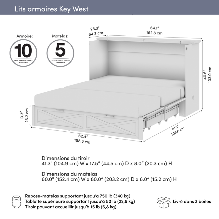 Lit armoire avec matelas à trois plis Key West, chêne blanc - format grand lit