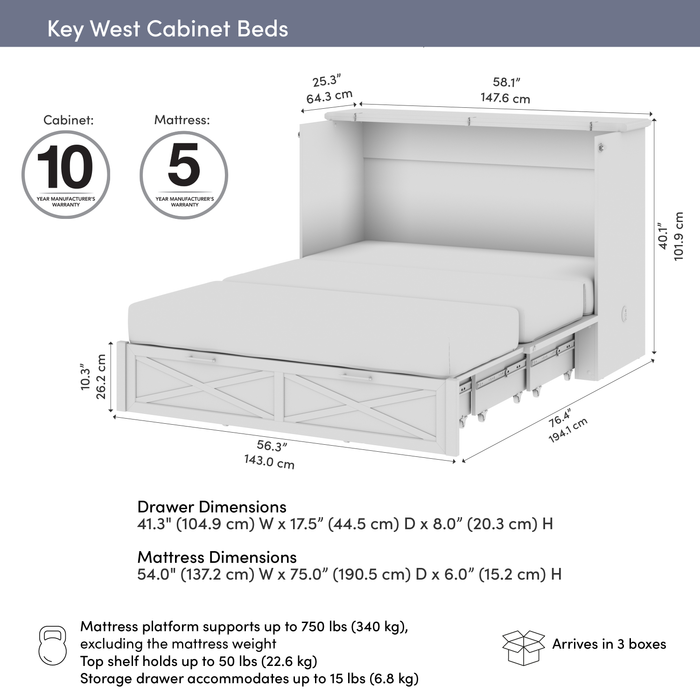 Lit armoire avec matelas à trois plis Key West, chêne blanc - format lit double