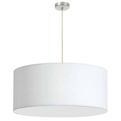 Dainolite 1 Light Drum Pendant 28" Dia Polished Chrome Finish White Shade No Bottom Diffuser Lamp|Luminaire suspendu de Dainolite de 28 po de diamètre avec abat-jour cylindrique blanc sans fond qui diffuse la lumière, fini chromé poli et 1 ampoule