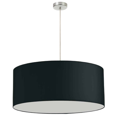 Dainolite 1 Light Drum Pendant 28" Dia Satin Chrome Finish Black Shade No Bottom Diffuser Lamp|Luminaire suspendu de Dainolite de 28 po de diamètre avec abat-jour cylindrique noir sans fond qui diffuse la lumière, fini chromé satiné et 1 ampoule