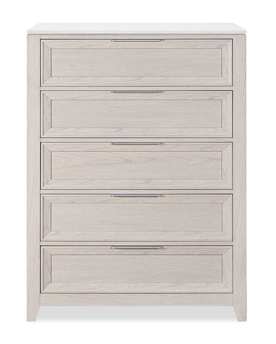 Commode verticale de chambre à coucher Elana de 38 po (L) x 55 po (H) à 5 tiroirs avec dessus en marbre véritable - beige