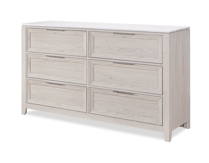 Commode de chambre à coucher Elana de 65 po (L) x 39 po (H) à 6 tiroirs avec dessus en marbre véritable - beige