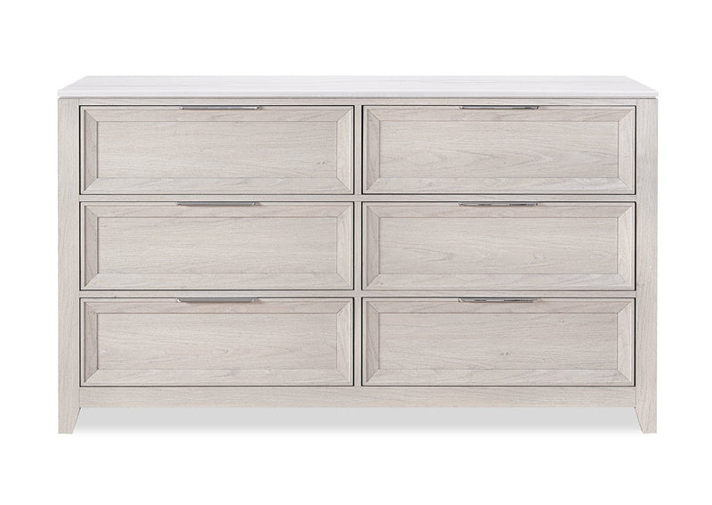 Commode de chambre à coucher Elana de 65 po (L) x 39 po (H) à 6 tiroirs avec dessus en marbre véritable - beige