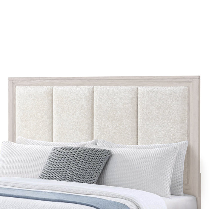 Lit de rangement Elana avec tête de lit rembourrée, beige - format très grand lit