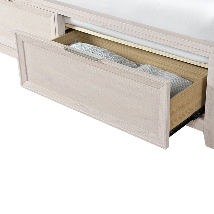 Lit de rangement Elana avec tête de lit rembourrée, beige - format très grand lit