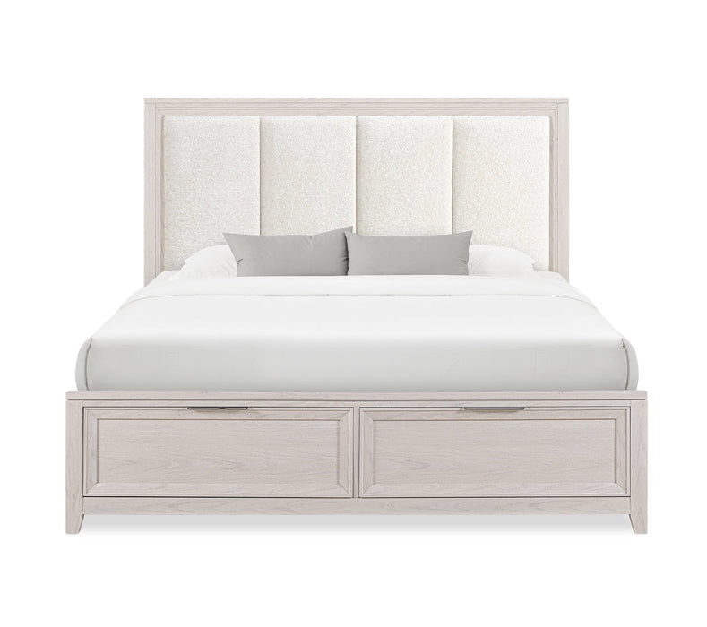 Lit de rangement Elana avec tête de lit rembourrée, beige - format très grand lit