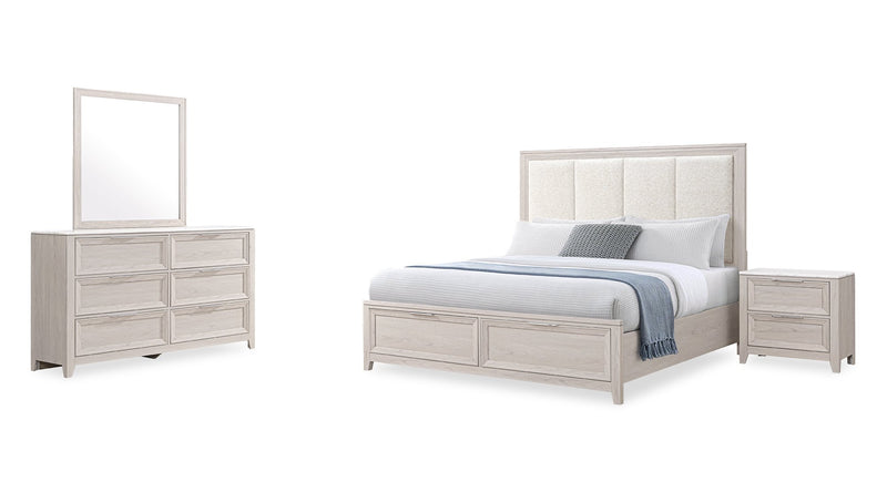 Ensemble de chambre à coucher Elana 6 pièces avec lit de rangement, commode, miroir et table de nuit, beige - format très grand lit