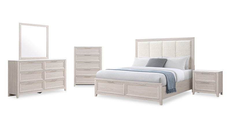 Lit de rangement Elana avec tête de lit rembourrée, beige - format grand lit