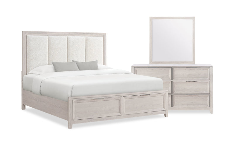Ensemble de chambre à coucher Elana 5 pièces naturel avec lit de rangement, commode et miroir - format grand lit