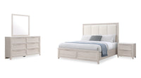 Ensemble de chambre à coucher Elana 6 pièces avec lit de rangement, commode, miroir et table de nuit, beige - format grand lit