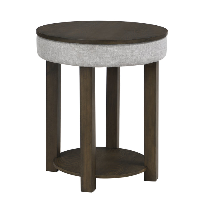 Table de bout ronde rustique Elroy de 21 po avec dessus relevable et tablette - brune et grise avec bordure en tissu
