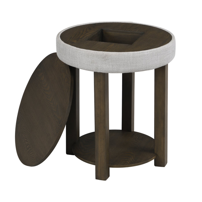 Table de bout ronde rustique Elroy de 21 po avec dessus relevable et tablette - brune et grise avec bordure en tissu