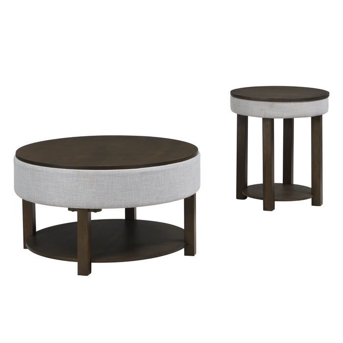 Table de bout ronde rustique Elroy de 21 po avec dessus relevable et tablette - brune et grise avec bordure en tissu