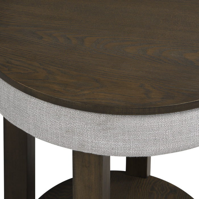 Table de bout ronde rustique Elroy de 21 po avec dessus relevable et tablette - brune et grise avec bordure en tissu