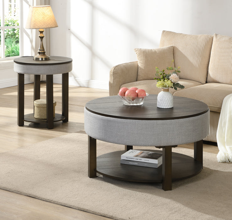 Table de bout ronde rustique Elroy de 21 po avec dessus relevable et tablette - brune et grise avec bordure en tissu