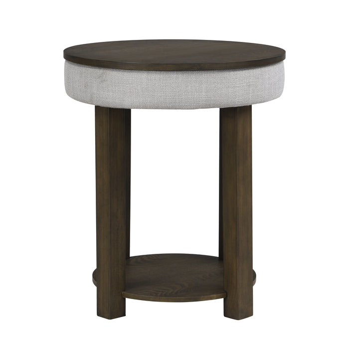 Table de bout ronde rustique Elroy de 21 po avec dessus relevable et tablette - brune et grise avec bordure en tissu