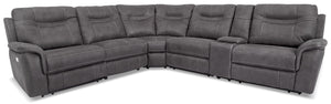 Sofa sectionnel à inclinaison électrique Floy 6 pièces en suédine avec appuie-têtes électriques, console et port USB - gris