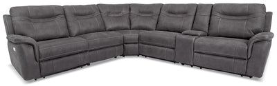 Floy 6-Piece Faux Suede Power Reclining Sectional with Power Headrests, Console and USB Port - Grey | Sofa sectionnel à inclinaison électrique Floy 6 pièces en suédine avec appuie-têtes électriques, console et port USB - gris | FLO2GYS6