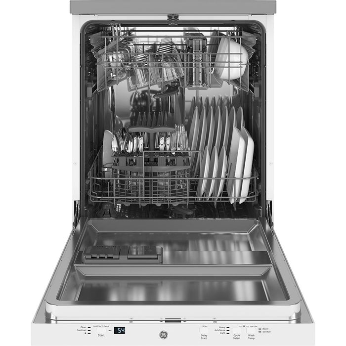Lave-vaisselle portatif GE de 24 po et de 54 dBA avec commandes sur le dessus et broyeur d’aliments solides PiranhaMC - blanc - GPT225SGLWW