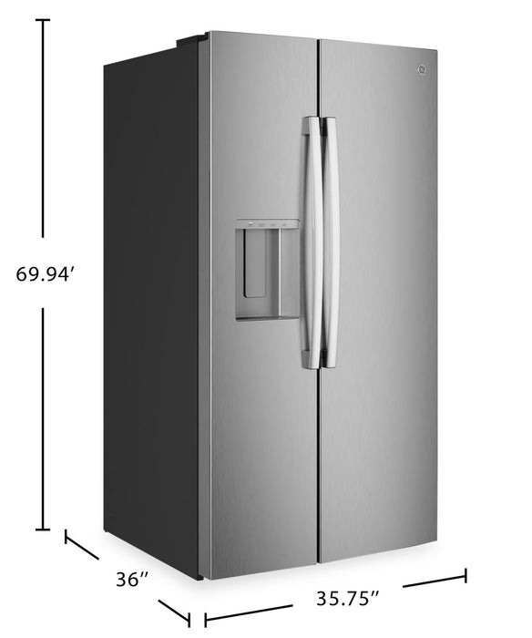 Réfrigérateur GE de 28 pi3 et de 36 po à compartiments juxtaposés avec distributeur d’eau et de glaçons - acier inoxydable - GSS28NYYFS