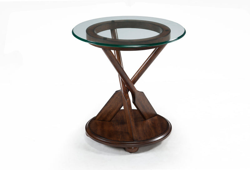 Table de bout éclectique Hatfield de 20 po avec dessus en verre et pagaies sculptées dans la base en bois - chêne foncé