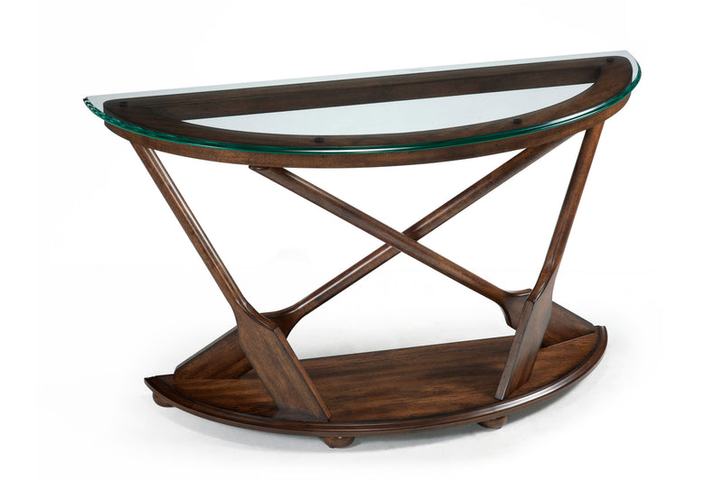 Table de salon éclectique Hatfield de 50 po avec dessus en verre et pagaies sculptées dans la base en bois - chêne foncé