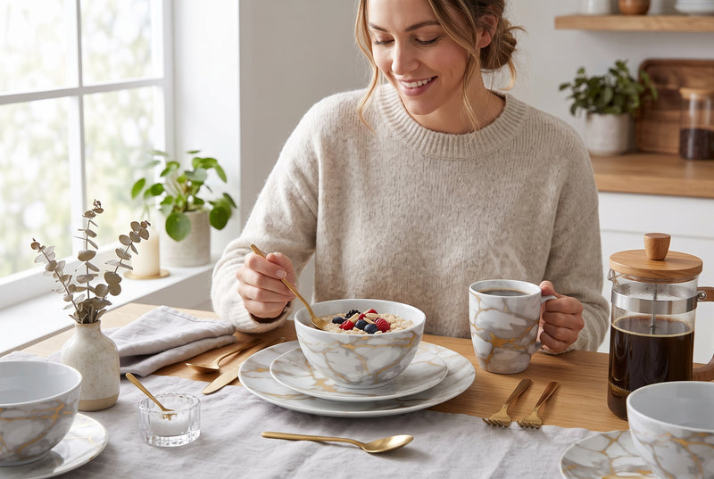 Ensemble de Vaisselle Complet 20 Pieces en Porcelaine Effet Marbre Gris et Or