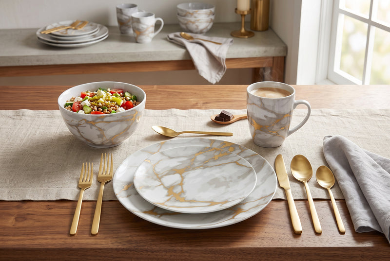 Ensemble de Vaisselle Complet 20 Pieces en Porcelaine Effet Marbre Gris et Or