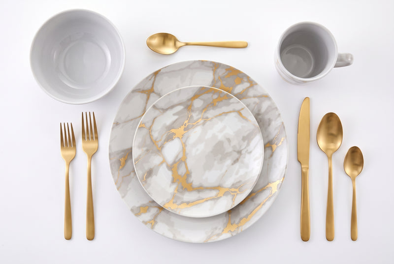 Ensemble de Vaisselle Complet 20 Pieces en Porcelaine Effet Marbre Gris et Or