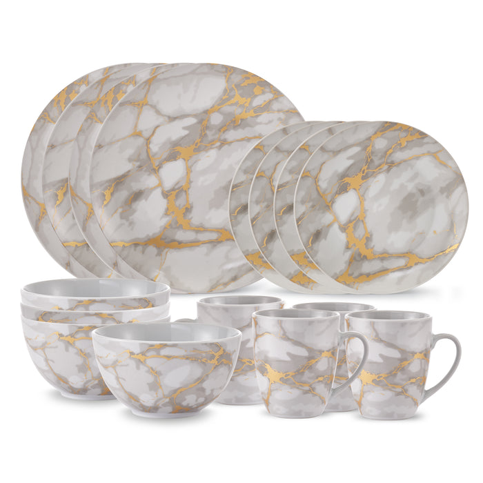 Ensemble de Vaisselle Complet 20 Pieces en Porcelaine Effet Marbre Gris et Or