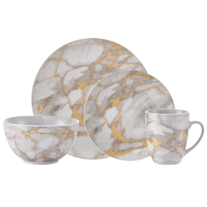 Ensemble de Vaisselle Complet 20 Pieces en Porcelaine Effet Marbre Gris et Or