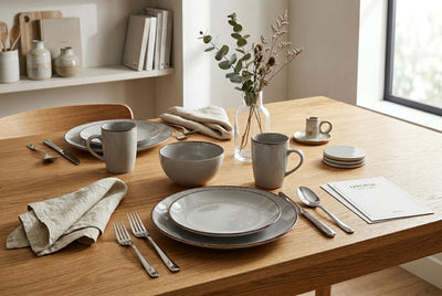 Utopia 16-Piece Stoneware Dinnerware Set with Silver Flatware | Ensemble de Vaisselle Utopia en Gres 16 Morceaux avec Ustensiles Argentes