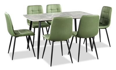 Arlo 7pc Dining Set with Table & 6 Green Chairs, Sintered Stone & Metal, 55"W - Green & Grey/Black | Ensemble de salle à manger Arlo 7 pièces en pierre frittée et métal avec table de 55 po (L) et 6 chaises vertes - vert, gris et noir