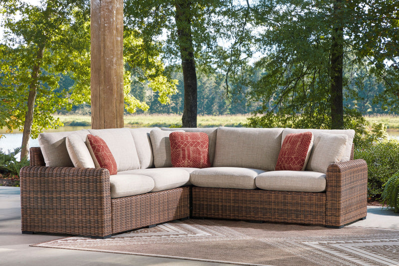 Causeuses de droite et de gauche Banff pour la terrasse à l’extérieur, ensemble de 2 - osier en résine et tissu Nuvella - brunes et beige