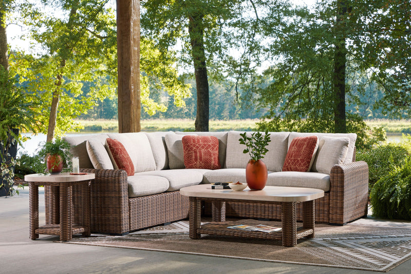 Causeuses de droite et de gauche Banff pour la terrasse à l’extérieur, ensemble de 2 - osier en résine et tissu Nuvella - brunes et beige