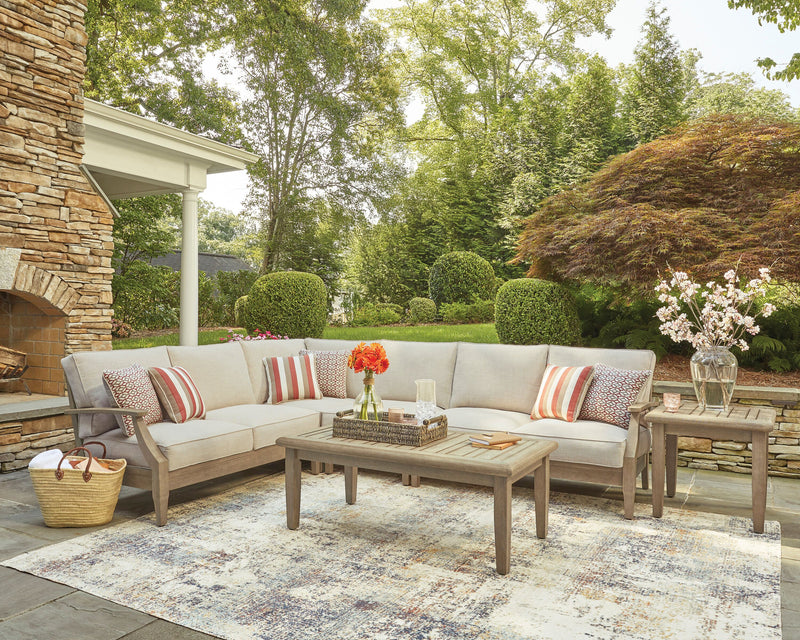 Fauteuil en coin Juno pour la terrasse à l’extérieur - eucalyptus et tissu Nuvella, résistant aux intempéries - naturel et beige