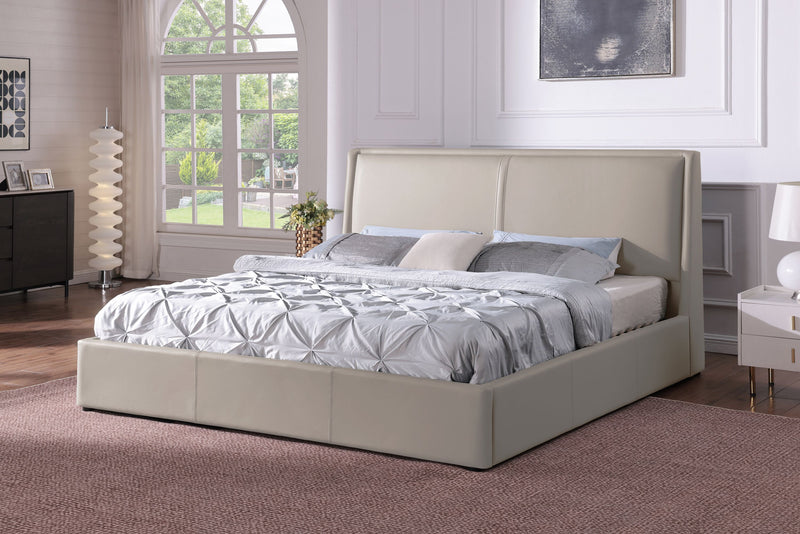 Lit plateforme rembourré Nico en tissu de cuir végétalien taupe avec rangement et levage hydraulique - format grand lit