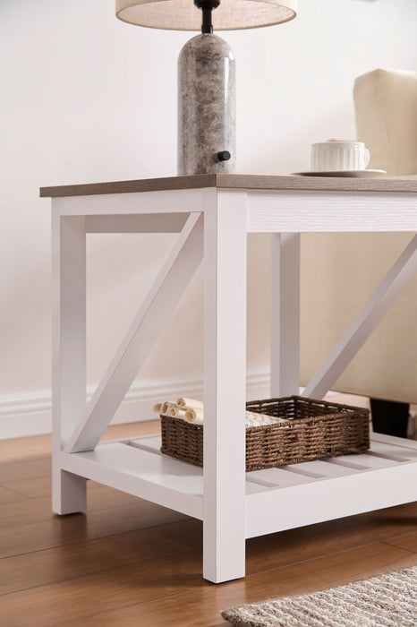 Table de bout rustique Ridge de 22 po avec tablette - chêne noyer et blanche