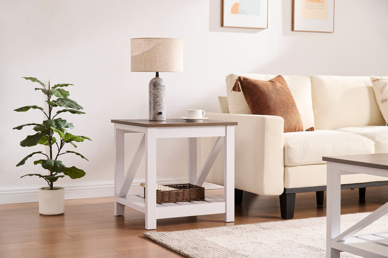 Table de bout rustique Ridge de 22 po avec tablette - chêne noyer et blanche