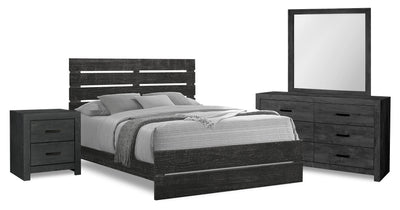 Soren 6pc Bedroom Set with Slat Panel Bed, Dresser, Mirror & Nightstand, Graphite Grey - Queen Size | Ensemble de chambre à coucher Soren 6 pièces avec lit à panneaux à lattes, commode, miroir et table de nuit, gris graphite - format grand lit