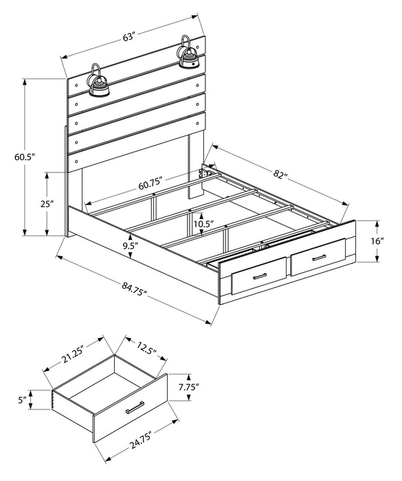 Lit plateforme de rangement Soren avec tête de lit à lattes, cadre de lit et éclairage à DEL intégré, gris graphite - format grand lit