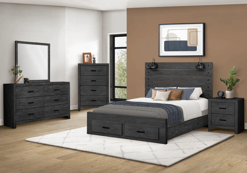 Lit plateforme de rangement Soren avec tête de lit à lattes, cadre de lit et éclairage à DEL intégré, gris graphite - format grand lit