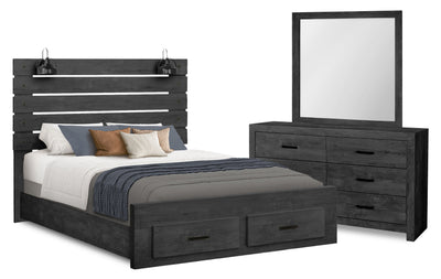 Soren 5pc Bedroom Set with Slat Storage Bed, Dresser & Mirror, LED, Graphite Grey - Queen  | Ensemble de chambre à coucher Soren 5 pièces avec lit de rangement à lattes, commode, miroir et éclairage à DEL, gris graphite - grand lit